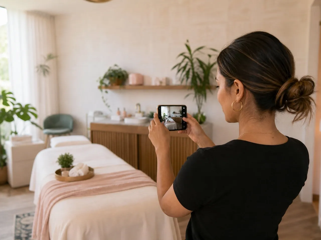 Dueña de salón de belleza creando contenido para sus redes sociales