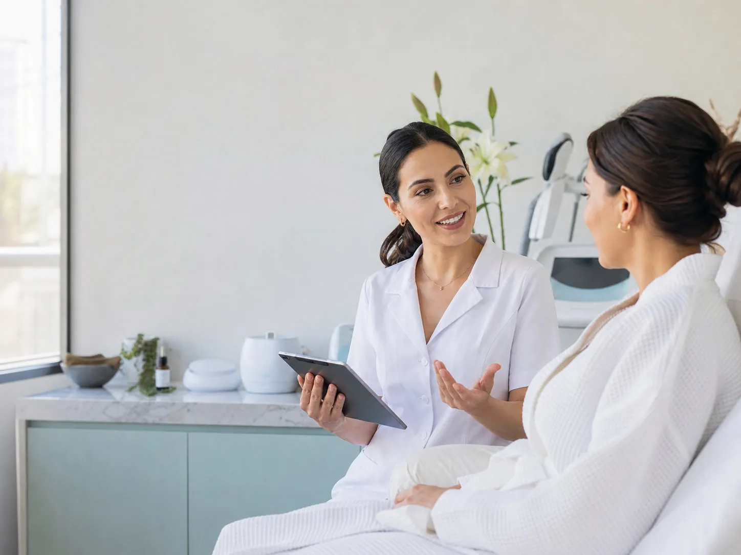Especialista de clínica de belleza explicando un tratamiento a una clienta