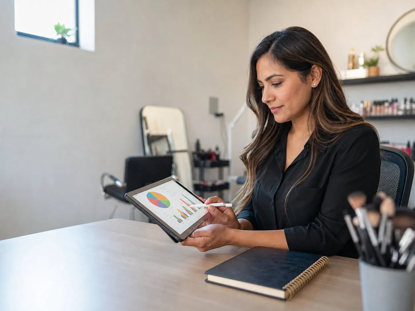 Emprendedora de belleza revisando la estrategia digital de su negocio